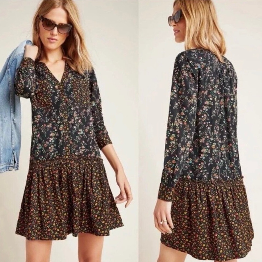 Anthropologie Maeve Marlie Floral
Button Front Mini Dress Boho Prairie Size 8